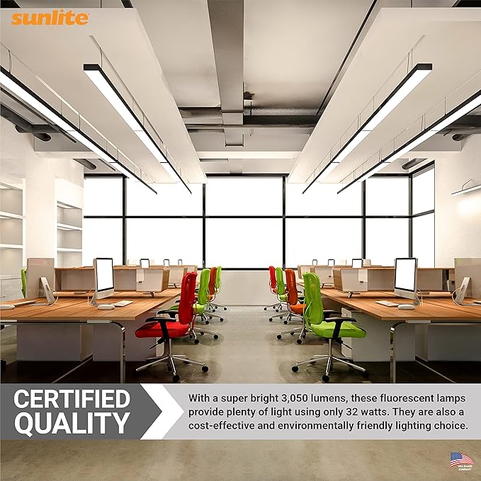 Sunlite F32T8/SP841 T8 Linear Fluorescent Lamp, 32 Watts, 3050 Lumens, 4100K Cool White, Medium G13 Bi Pin Base, High Performance Straight Tube, 30 Pack