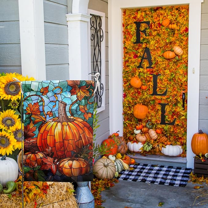 Pumpkin Fall Garden Flag Autumn Yard Flag Stained Glass Thanksgiving Outdoor Flag 12x18 Double Sided Small Harvest Flag for Outside Porch Lawn Decor