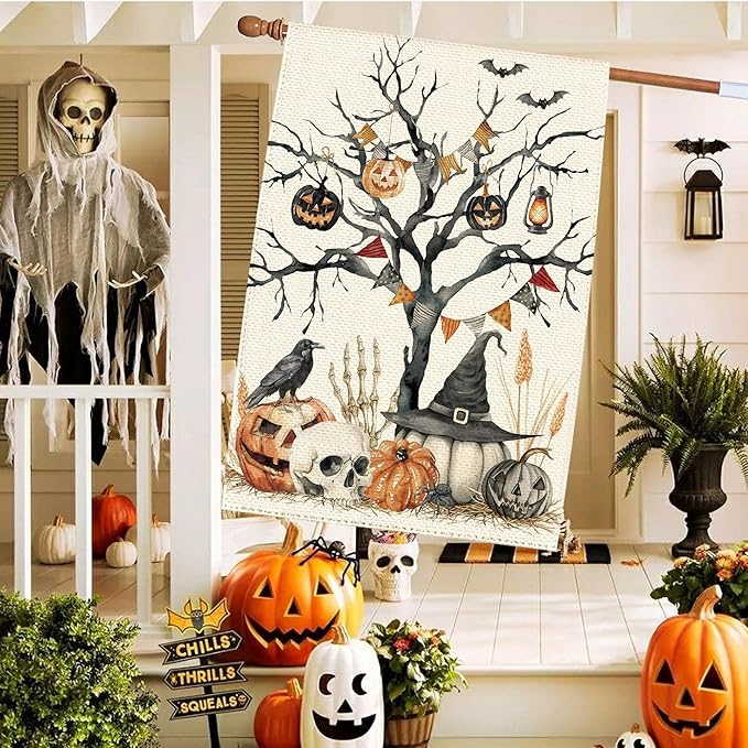 Halloween Black Tree Pumpkin Welcome Garden Flag 28 x 40 Inch Double Sided, Skull Crow Seasonal Burlap Large Yard House Flag Farmhouse Seasonal Holiday Patio Outdoor Outside Decoration