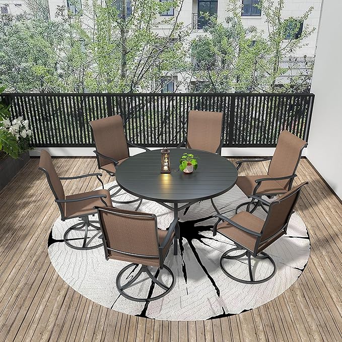7-Piece Outdoor Dining Set, 58'' Round Table with 6 Swivel Chairs All Weather Furniture Set - Brown Style1