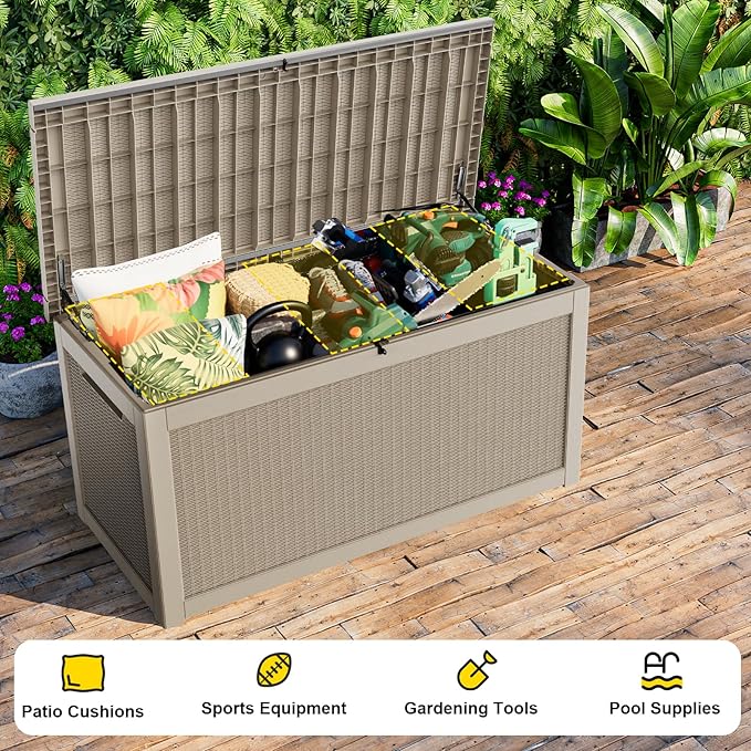 ROJIK Outdoor Storage Housing Deck Box,Waterproof Patio Furniture, Garden Tools, Cushions, Pool Accessories Storage Bench with Lockable Lid and Side Handles (Grey,280 Gallon)