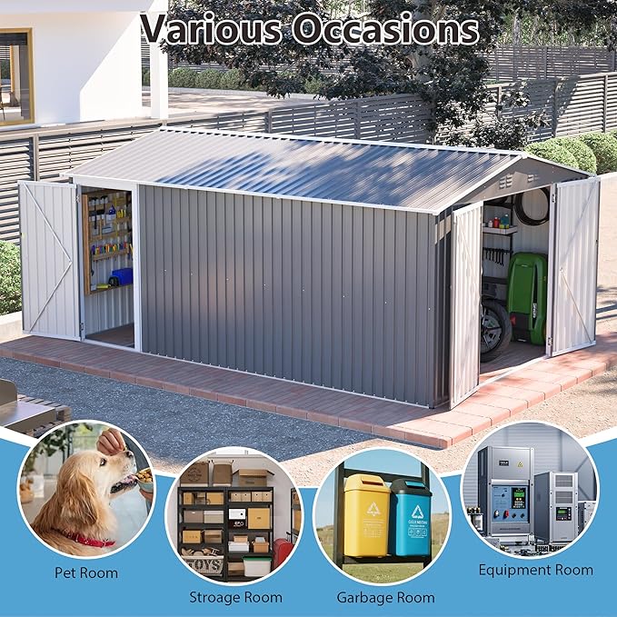 14x10 FT Outdoor Storage Shed,Metal Shed W/ 3 Lockable Doors，Floor Frame & Side Door,Garden Tool House W/ 4 Air Vents & Sloped Roof,for Backyard Patio Lawn,Light Gray