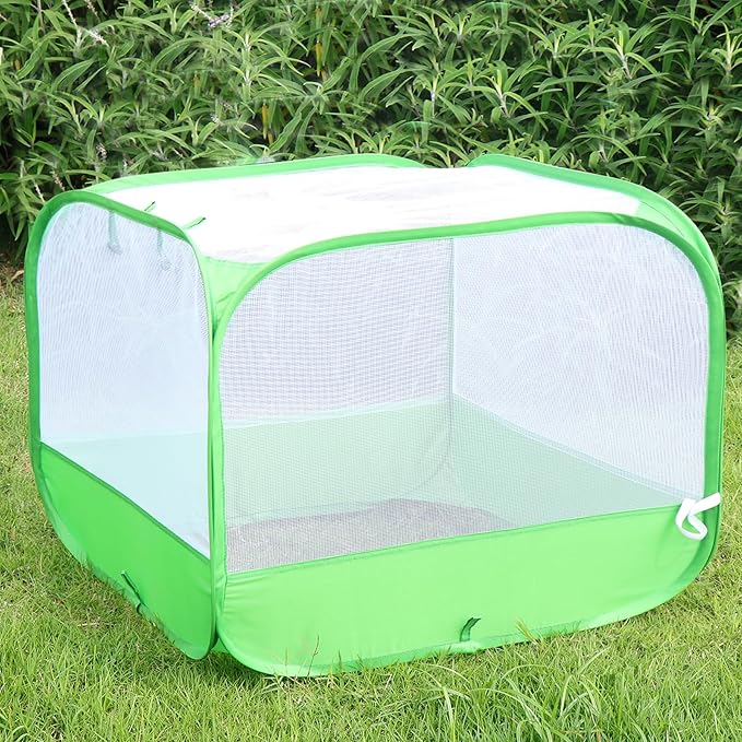 Mesh Plant Cover for Outdoor, Plant Netting Protector Garden Enclosure Cloche for Fruit, Vegetables, Strawberry, Flowers and Herbs Pop-Up Cage with 4 Stakes (White with Green, 39.4" x 39.4" x 19.7")