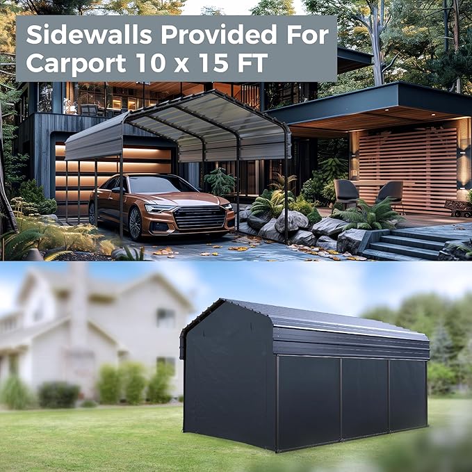 10 x 15 ft Metal Carport Kits with Galvanized Steel Roof & Removable Sidewalls, Heavy Duty Metal Carport Canopy, Outdoor Car Tent Metal Garage Shelter for Car, SUV, Truck and Boats, Gray