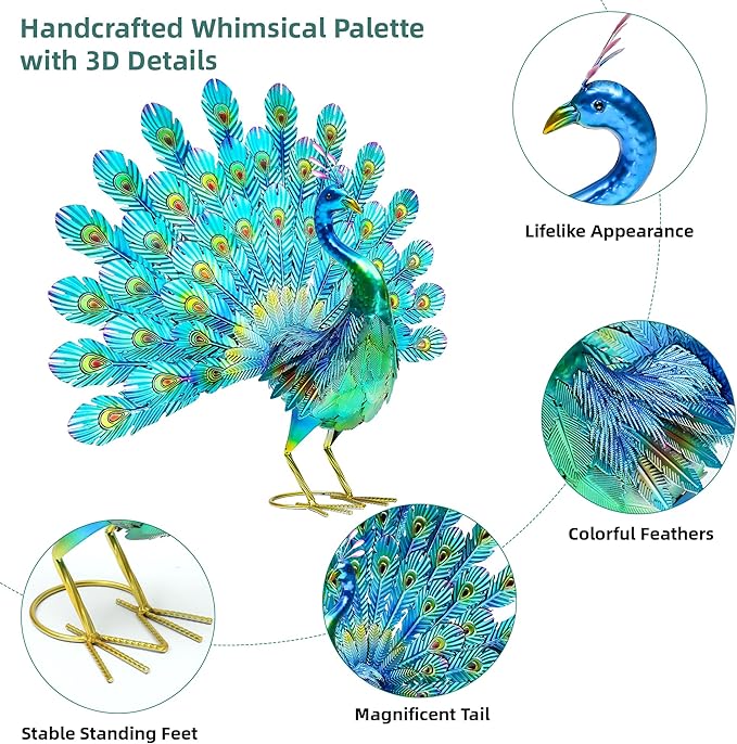 Autodaya 27.5" Tall Metal Peacock Garden Statue - Handmade, 3D Textured, Tail Spread Sculptures for Patio, Garden or Entryway.