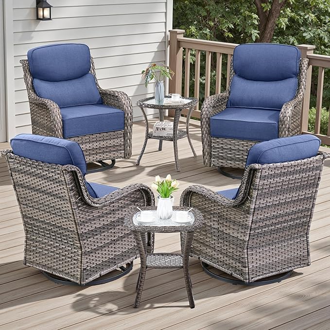 6 Piece Outdoor Patio Swivel Rocker Chairs, Waterproof Wicker, High Back, Deep Seating, Wide Armrest, Upgraded 6 inch Thick Cushions, Side Table, Ideal for Deck Porch Yard, Mixed Grey/Blue
