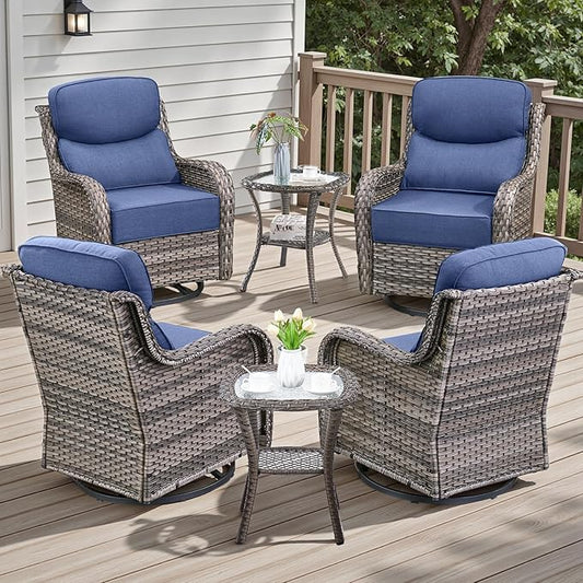 6 Piece Outdoor Patio Swivel Rocker Chairs, Waterproof Wicker, High Back, Deep Seating, Wide Armrest, Upgraded 6 inch Thick Cushions, Side Table, Ideal for Deck Porch Yard, Mixed Grey/Blue