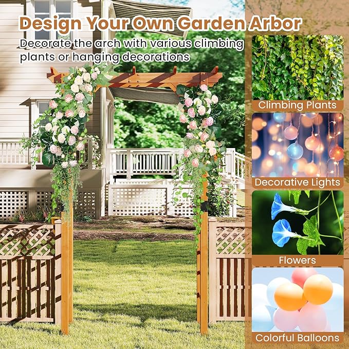 Giantex 7FT Wood Garden Arbor Trellis, Wooden Wedding Arch for Ceremony Party, Outdoor Archway Pergola for Climbing Plants, Pathway, Yard, Garden Decor, Easy Assembly (Honey Brown, 55''W x 85''H)