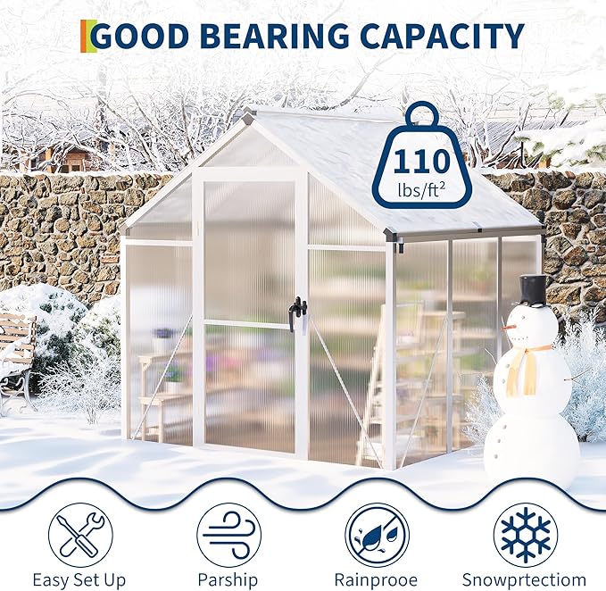 6x6 FT Greenhouse for Outdoors, Polycarbonate Greenhouse with Roof Vent, Ground Nails, Lockable Push Door, Aluminum Large Walk-in Green House for Outside Garden Backyard, Patio, Lawn, Silver