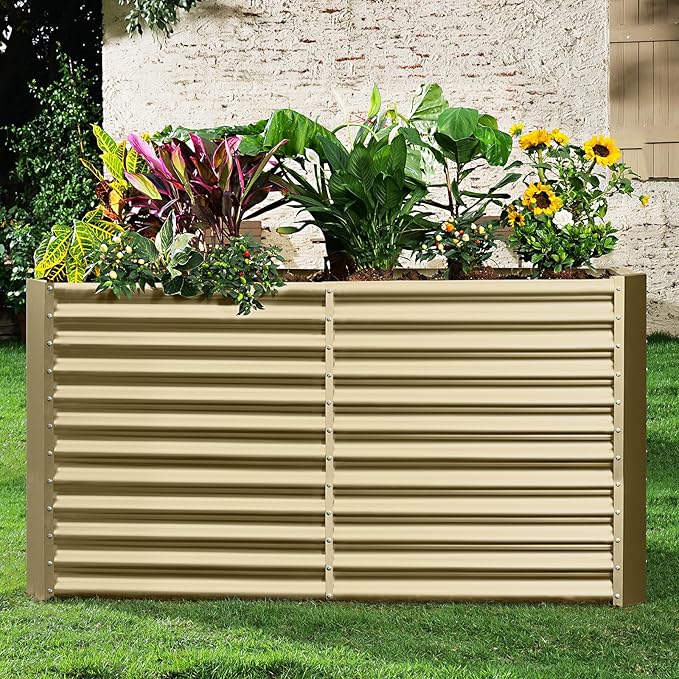Land Guard 8x4x3ft Rectangular Galvanized Raised Garden Beds, Large-Capacity Metal Planter Box Outdoor, Durable Deep Raised Garden Bed 3ft Tall, Raised Beds for Gardening Vegetables, Cream Yellow