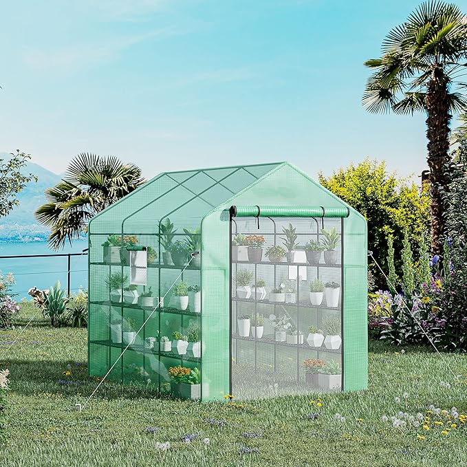 Outsunny 8' x 6' x 7' Walk-in Greenhouse with Mesh Door and Windows, 18 Shelf Green House with Trellis, Plant Labels, UV Protective for Growing Flowers, Herbs, Vegetables, Saplings, Green