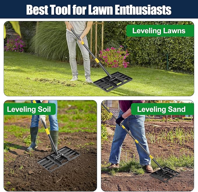 Professional Lawn Leveling Rake with 17x10in Heavy-Duty Stainless Steel Head & 60" Adjustable Handle - Grass Leveling Tool for Quick Soil Grading, Thatch Removal and Yard Maintenance