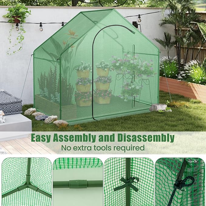 HAPPYGRILL Walk-in Greenhouse, 6 x 3 x 5.5 FT Portable Outdoor Green House for Winter w/ PE Cover, Rustproof PE-Coated Metal Frame, Roll-up Zippered Door, Window, Greenhouse for Outdoors
