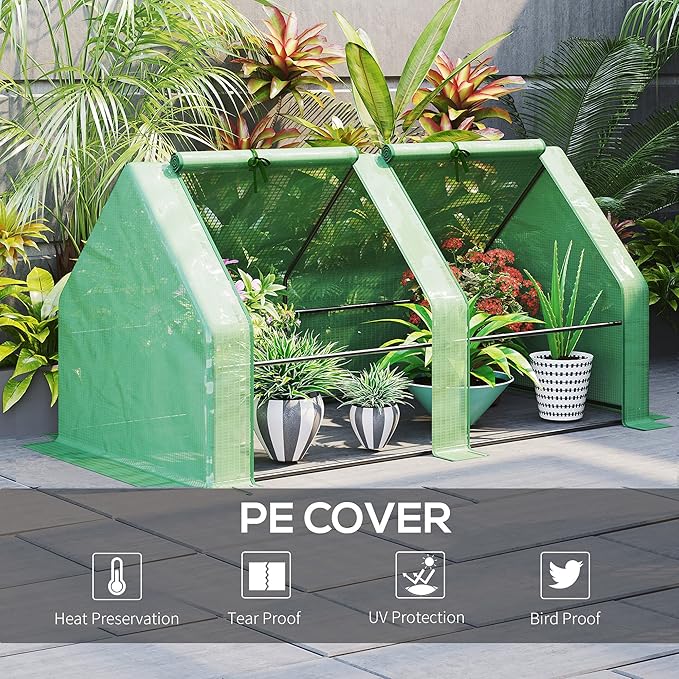 Outsunny 6' x 3' x 3' Mini Greenhouse with Zippered Doors & Roll-up Windows, Portable Plant Hot House with Durable PE Cover, Water Resistant, UV Protected for Outdoor Flowers, Vegetables, Green