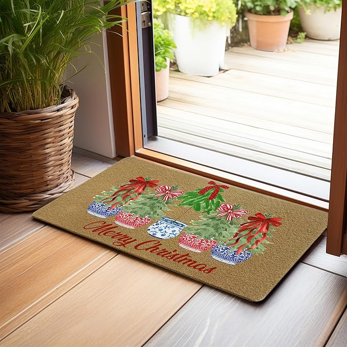 Red White and Blue Chinoiserie Faux Christmas Coir Door Mats Outdoor, Merry Christmas Door Mat for Outside Entryway, Xmas Tree Welcome Doormat for Indoor Outdoor Porch Entrance, 17x30 Inch