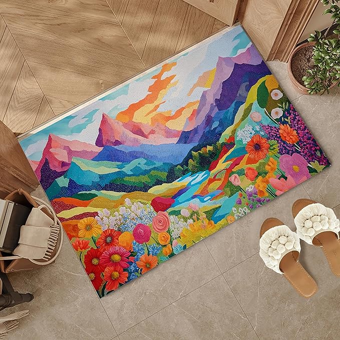 Colorful Mountain Flowers Indoor Outdoor Rugs,Modern Abstract Doormat Outside Entrance,Non-Slip Welcome Mat Indoor Felt Floor Mat for Back Door Patio, Porch,Home Entryway,30 x 17 Inch