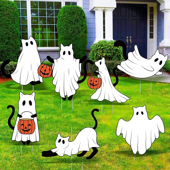 Nuanchu 7 Pcs Halloween Yard Outdoor Decorations Ghost Cat Yard Signs Corrugated Plastic Ghost Cat Pumpkin Lawn Sign with Stakes Waterproof Halloween Garden Stakes for Outside Scary Spooky Decor