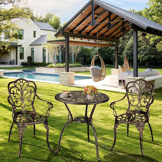 3 Piece Bistro Set, Outdoor Bistro Table and Chairs Set of 2, Rust-Resistant Cast Aluminum All Weather Patio Outdoor Bistro Set with Umbrella Hole for Backyard, Balcony, Front Porch, Brown