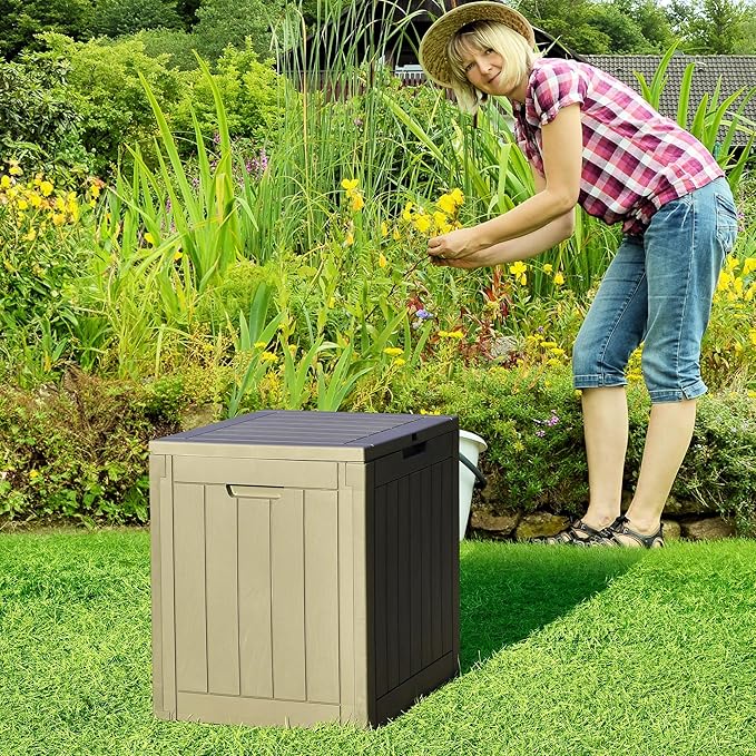 YITAHOME 30 Gallon Deck Box Outdoor Storage Box, Waterproof Resin Package Delivery and Storage Box with Lockable Lid for Patio Furniture Cushions, Pool Accessories, Garden Tools, Brown