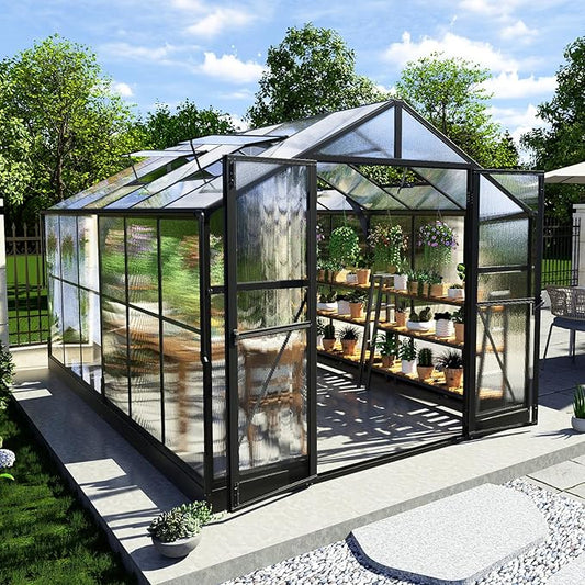 AMERLIFE 8x12x7FT Polycarbonate Greenhouse, Walk in Greenhouse with Quick-Connect System, Green House with 4 Vent Windows and Swing Lockable Door, Greenhouses for Outdoors, Sunroom Black