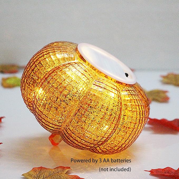 Mercury Glass Pumpkin Lights with Timer, Battery Operated Led Pumpkin Lights for Halloween Fall,Thanksgiving Rustic Decor (Gold Grid-Patterned, 5.5")