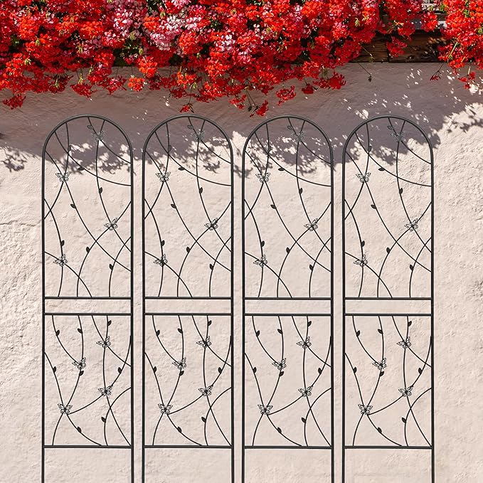4 Pack Metal Garden Trellis 86.7" Tall Outdoor Climbing Plant Support for Roses, Flowers, Rustproof Durable Black Galvanized Tube, Lawn Garden Fence Decor Screen (4, Black flutter-86.7" H)