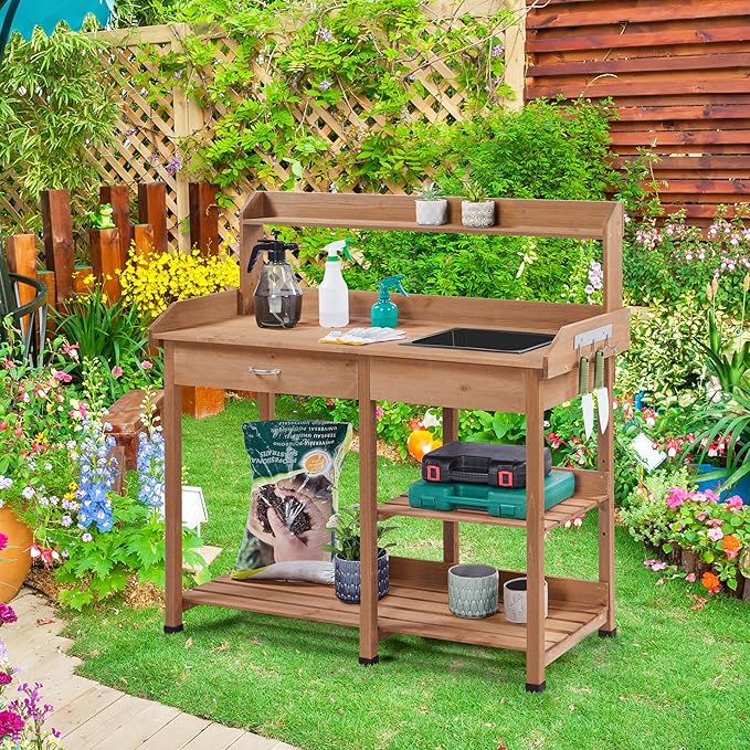 Yaheetech Potting Bench Outdoor Garden Work Bench Station Planting Solid Wood Construction for Horticulture w/Sink Drawer Rack Shelves Brown