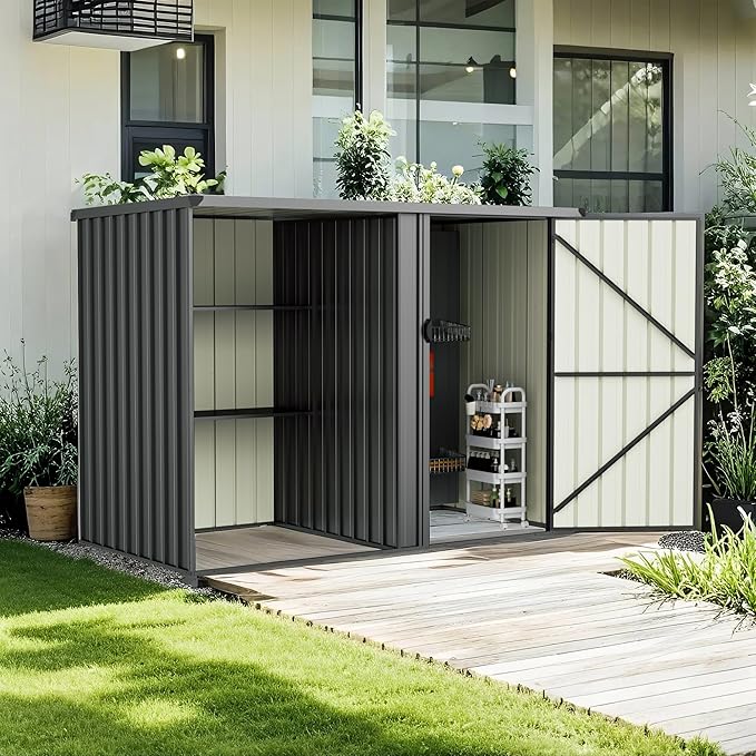 8×4 FT Metal Outdoor Storage Shed with Shelves, Lockable Waterproof Garden Tool Shed, Robust Backyard Patio Shed with Sloped Roof for Lawn Mower, Dark Gray (No Floor)