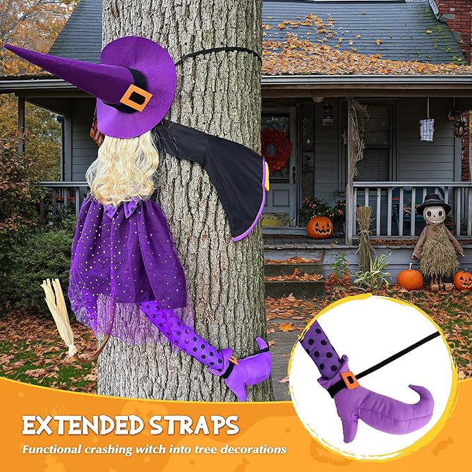 53" Purple Crashing Witch Halloween Decorations - Funny Flying Witch Prop for Yard, Porch, Tree, Patio, Door – Large Outdoor Halloween Witch Tree Decor for Garden, Fence, and Haunted House