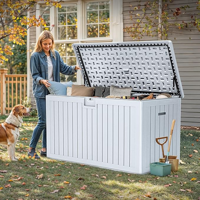 YITAHOME 200 Gallon Extra Large Deck Box, Double-Wall Resin Outdoor Storage Box with Flexible Divider for Patio Cushions Pool Supplies Garden Tools, 990 lbs Load Capacity, Lockable (White)