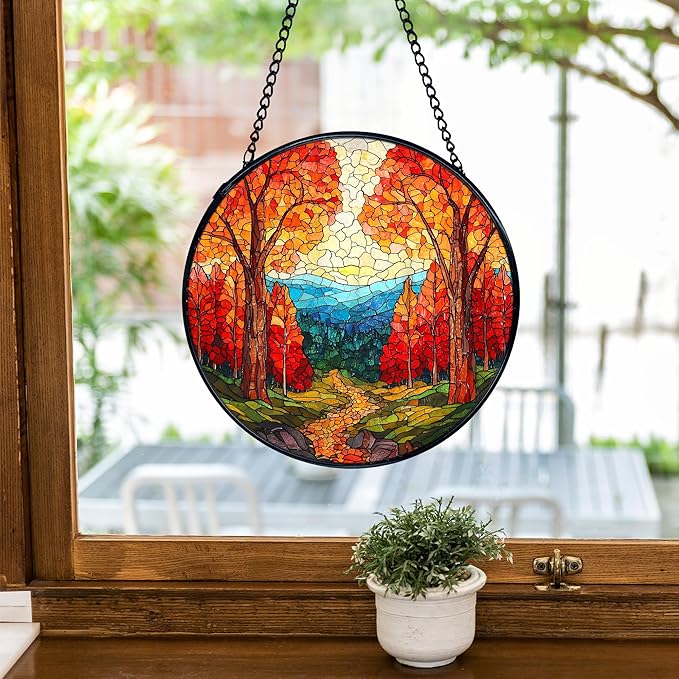 TNUW Fall Forest Stained Glass Window Hanging, Rustic Autumn Landscape Sun Catchers Indoor Window Glass Round Wall Art Decor, Fall Autumn Wall Hanging Decorations, 7.9＂x7.9＂