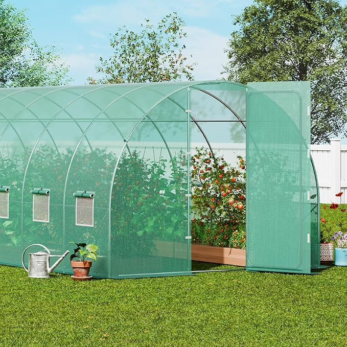 VEVOR Walk-in Tunnel Greenhouse, 27.4x9.5x7.4 ft Hoop House Greenhouse Tunnel, Plant Hot House with Galvanized Steel Frame, Green PE Cover, Swing Door and 16 Roll-up Windows for Outdoor