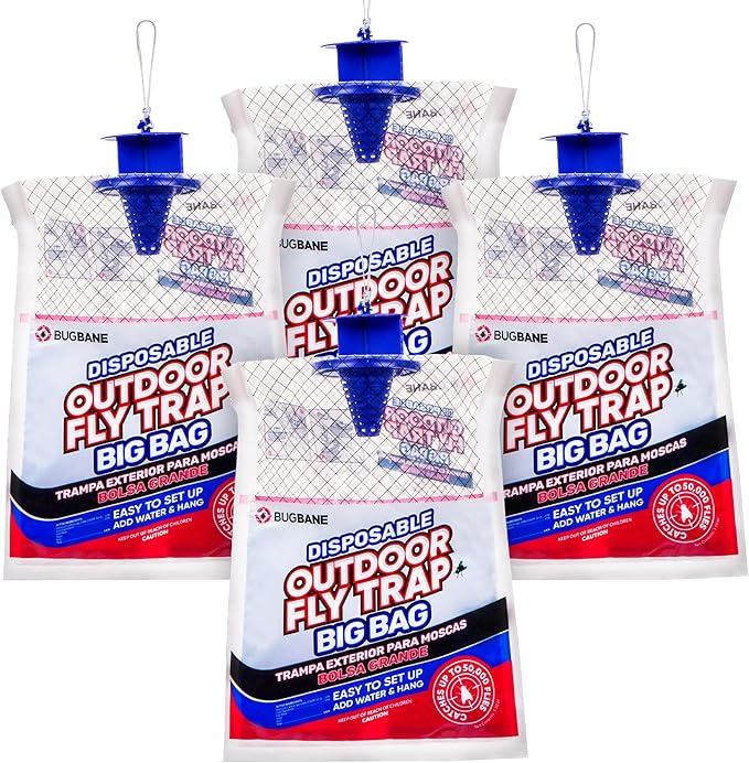 Fly Traps Outdoor Fly Trap for Patio. 4 Large Non-Toxic Pre-Baited Flies Bags Outdoor Disposable. Big Hanging Bug Catchers for All Filth Flies Killer for Outside Bug Control in Yard Horse Ranch