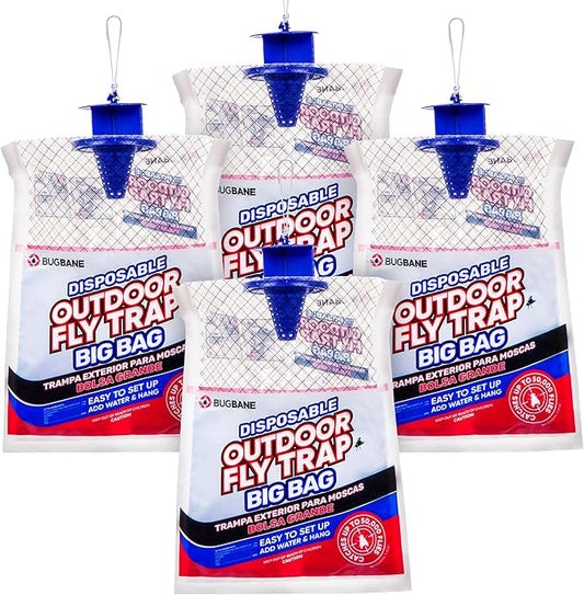 Fly Traps Outdoor Fly Trap for Patio. 4 Large Non-Toxic Pre-Baited Flies Bags Outdoor Disposable. Big Hanging Bug Catchers for All Filth Flies Killer for Outside Bug Control in Yard Horse Ranch