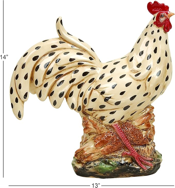 Deco 79 Ceramic Rooster Decorative Garden Sculpture Spotted Indoor Outdoor Garden Statue with Black and Red Accents, Outdoor Sculpture 13" x 6" x 14", Beige