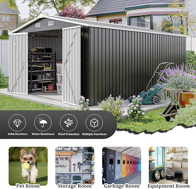 KEIKI 10x 14 FT Metal Storage Shed Outdoor, Large Garden Shed with Roof & Lockable Doors, Utility Tool Sheds Frame & 4 Vents for Patio Backyard Bicycles Storage House, All Weather Use, Dark Grey
