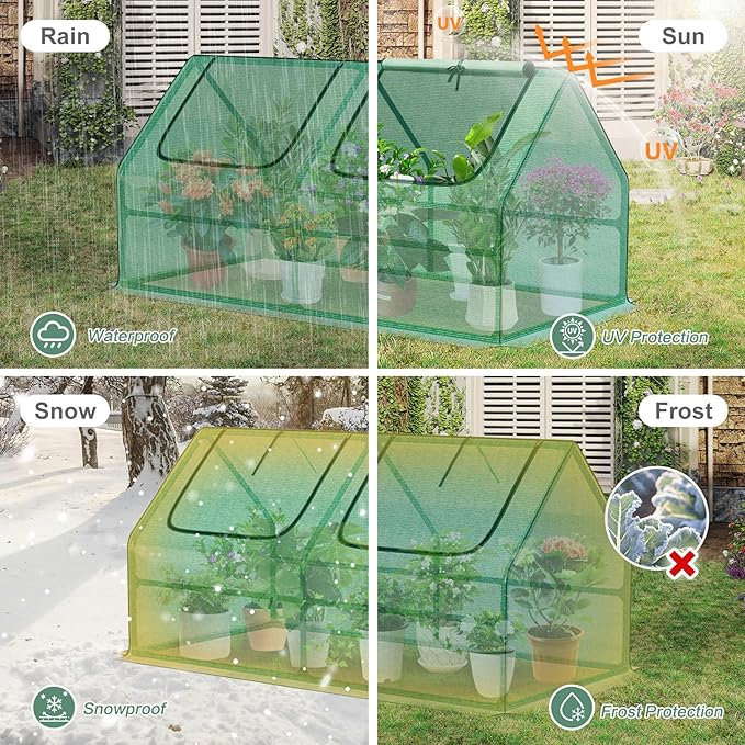 Aoodor 4 x 2 x 2 ft Mini Greenhouse with 2 Zipper Doors, Water Resistant, UV Protected for Flowers, Vegetables and Herbs, Green
