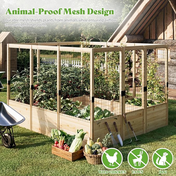 PaPaJet Wooden Raised Garden Bed for Outdoor, 1.6FT Depth Large Planter Box with Netting for Gardening, Vegetables, Flowers, Herbs（7.5× 8.9× 5.9FT）