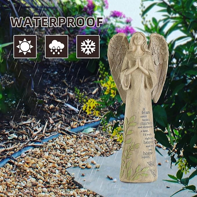 Garden Resin Angel Statue Standing Praying, Patio and Lawn Decoration Outdoor Waterproof Sculpture Ornament for Angel Memorial Gifts Home Decoration, 13" H