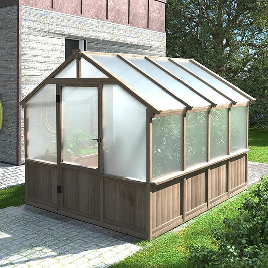 VEIKOU 8’x8’ Greenhouses for Outdoors, Walk-in Wood Greenhouse with Cedar Frame & Adjustable Vents, Garden Green House with 6MM Thick Polycarbonate Panel for Outside, Backyard, Light Brown Mocha
