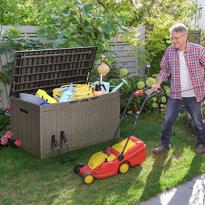Greesum 100 Gallon Resin Deck Box Large Outdoor Storage with Cushions for Patio Furniture, Garden Tools, Pool Supplies, Weatherproof and UV Resistant, Lockable, Light Coffee