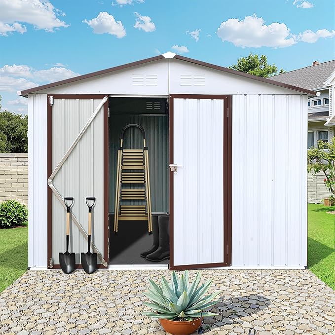 Sheds & Outdoor Storage 8 ft × 10 ft Storage Shed Large Classic Apex Roof Metal Garden Storage Sheds with Hinged Door Tool Cabinet for Backyard, Patio, Poolside, White + Coffee