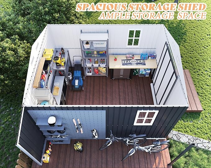 AMERLIFE 10.6x10.3x6.3 FT Galvanized Metal Storage Shed with Open Firewood Bay, Sliding Doors & Ramp, 2 Windows & Vents, Weather-Resistant Outdoor Tool/Garden Shed, Dark Gray