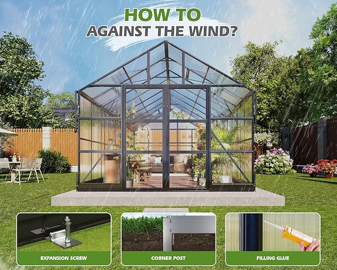 AMERLIFE 10x12 FT Heavy Duty Aluminum Greenhouse with 4 Roof Vents & Rain Gutter, Polycarbonate Greenhouse for Outdoor Garden Backyard, Black