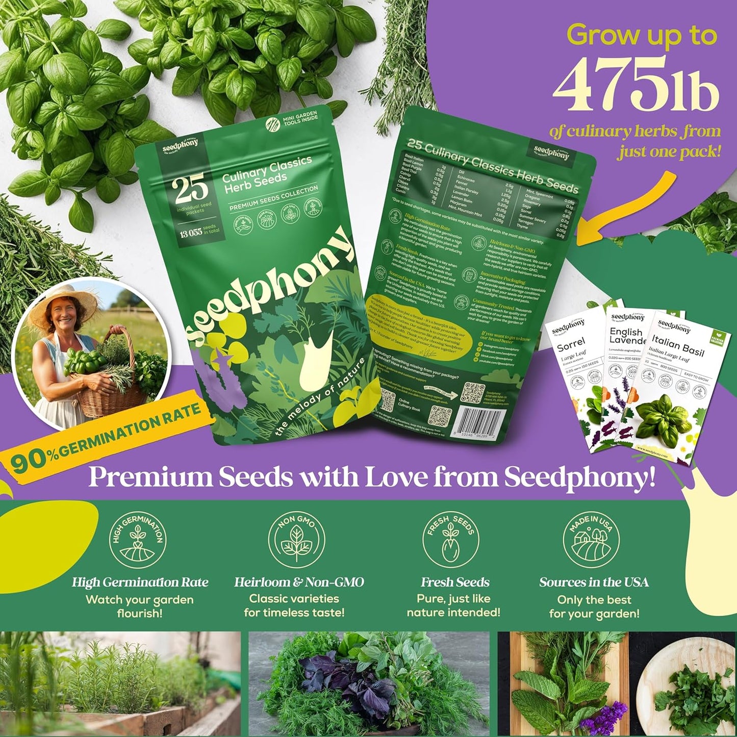 25 Culinary Herb Seeds Variety Pack - 13,055+ Non-GMO Heirloom Herbs Seeds for Planting Indoor & Outdoor: Rosemary, Basil, Catnip, Cilantro, Dill, Parsley, Oregano, Thyme, Mint, Tarragon, Lavender