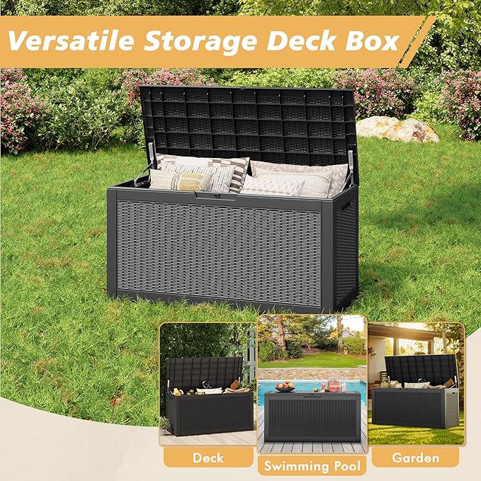 NUNU LAB 101 Gallon Resin Deck Box – Large Lockable Outdoor Storage Box with Gas Lift, Waterproof Patio Storage for Cushions, Garden Tools, Pool Supplies, and More, Black