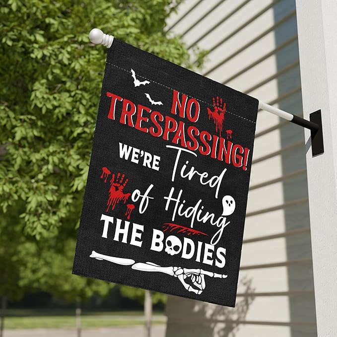 No Trespassing Halloween Garden Flag for Outside, 12x18 Inch Double Sided Halloween Scary Skeleton Bats Yard Flag, Farmhouse Small Yard Flags for Outdoor Decorations, Holiday Decor Gifts-A12