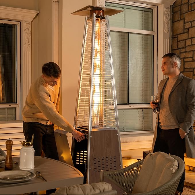 Nuu Garden 48,000 BTU Pyramid Propane Heater Outdoor Patio Heaters with Wheels, Patio Heater with Glass Tube Deck Porch for Outdoor Use Camping Backyard, Stainless Steel Burner, Wood-Grain Finish