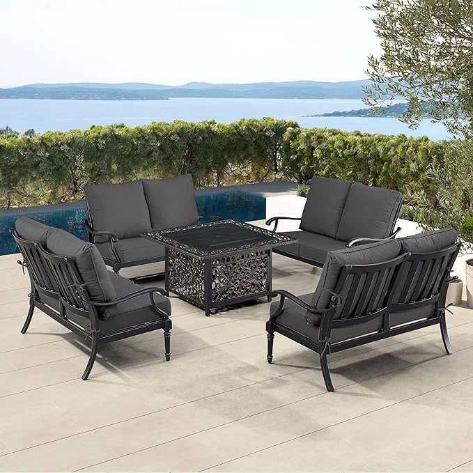 Oakland Living Black Aluminum Patio Fire Table Set with Four Deep Seating Loveseat with Cushions with Black Cushions