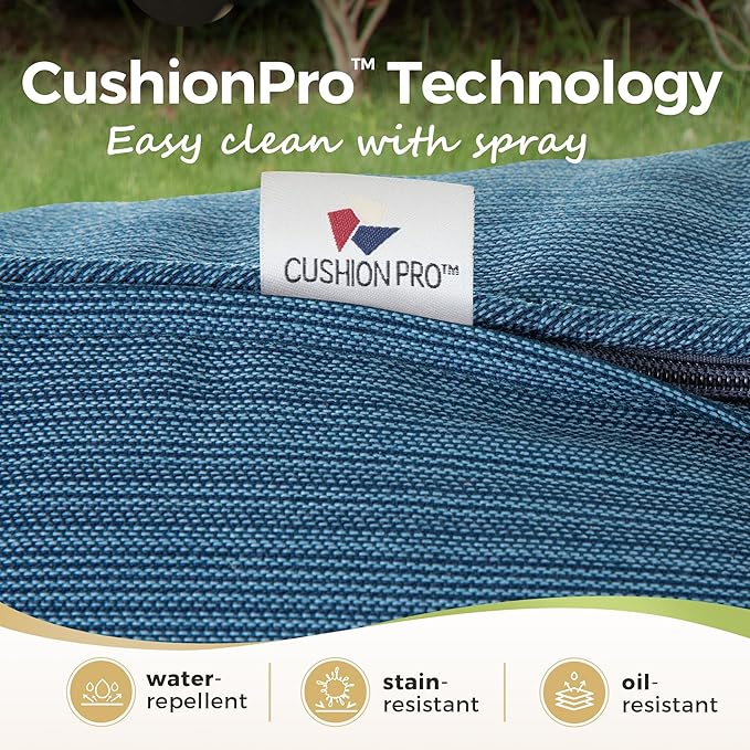 Patio Furniture Set, 4 Pcs Metal Outdoor Conversation Set, 2 Swivel Chairs and 3 Seater Sofa with 5.75" Extra Thick Cushion and Gas Fire Pit Table for Backyard Deck, Gemstone Blue